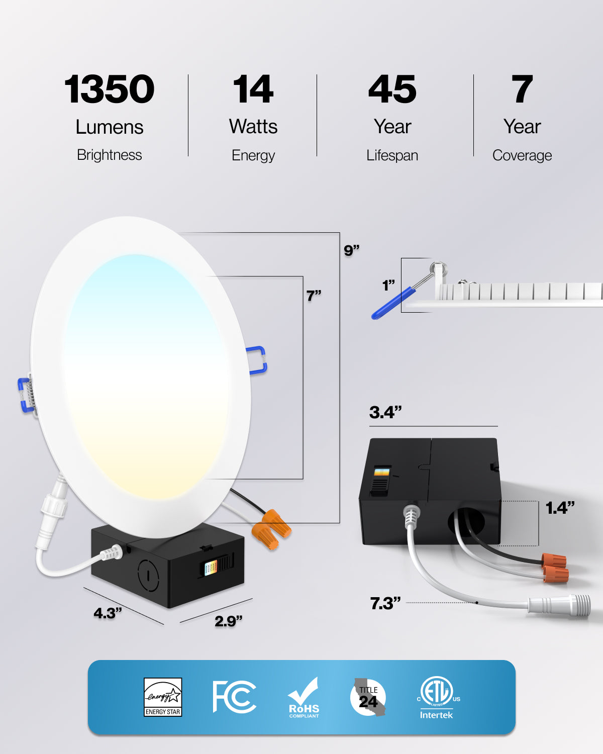 Recessed LED LightingDownlight, 8 Inch, Slim, Wafer Think, Selectable CCT, 1350 Lumens