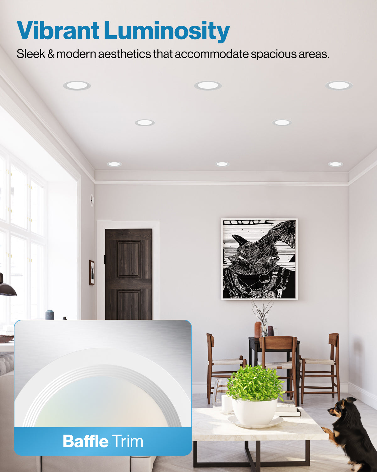 Recessed LED Lighting, 4 Inch, Slim, Baffle Trim, Selectable CCT, 650 Lumens