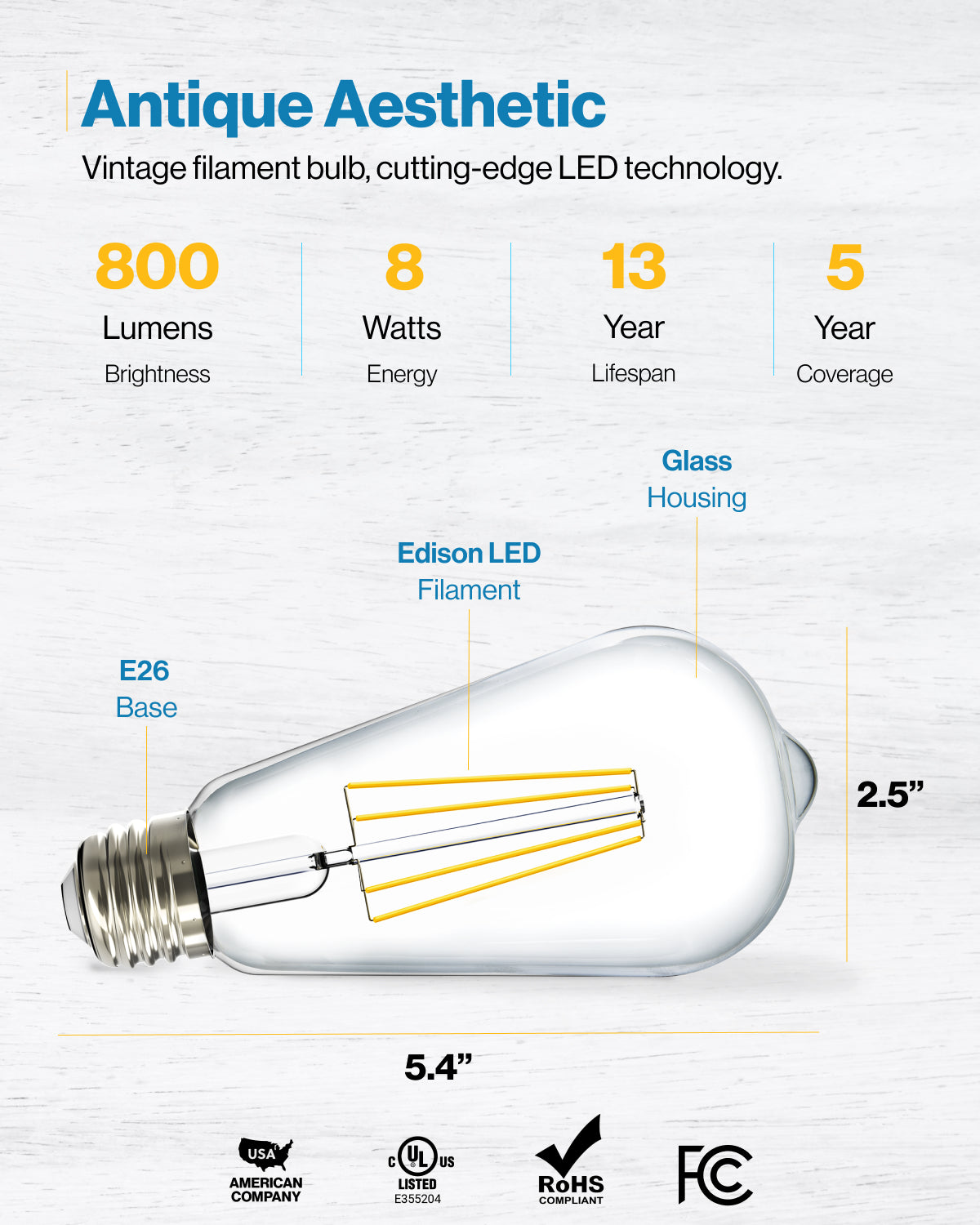 ST64 LED Bulb, Filament, 800 Lumens