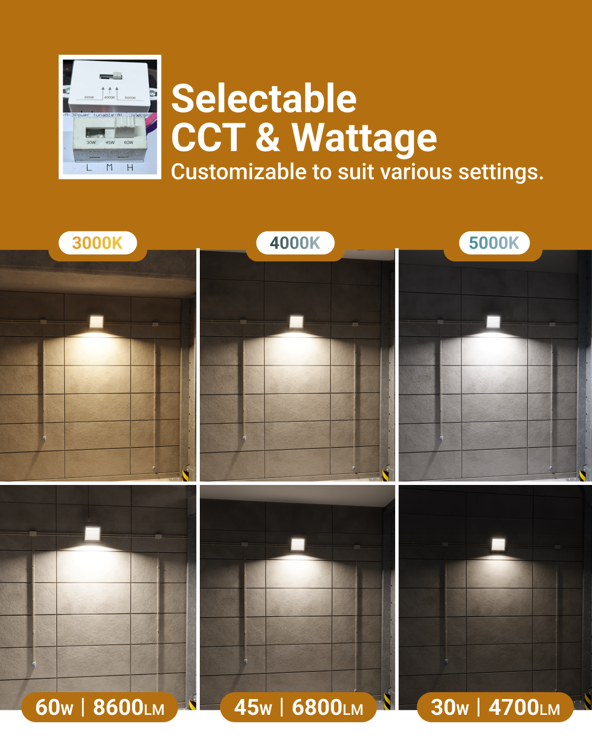 The Wall Pack emits bright, secure light that keeps potential intruders in plain sight. Choose from 3 color temperature options (3000K, 4000K, 5000K) using the slider switch, then lock in your preference during the installation process.