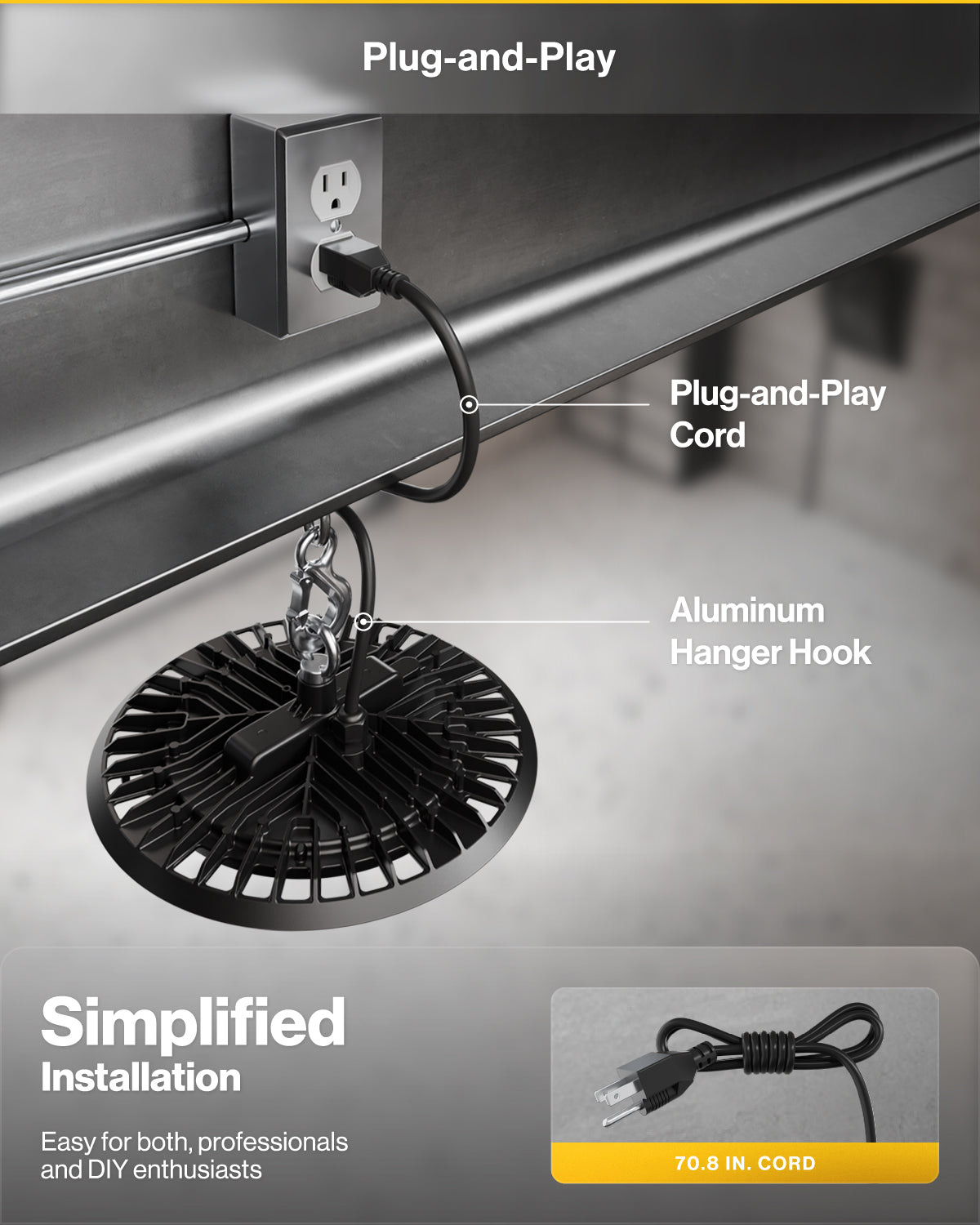 UFO High Bay 150W Plug & Play LED Fixture, 2-Step Install, 19500 Lumens
