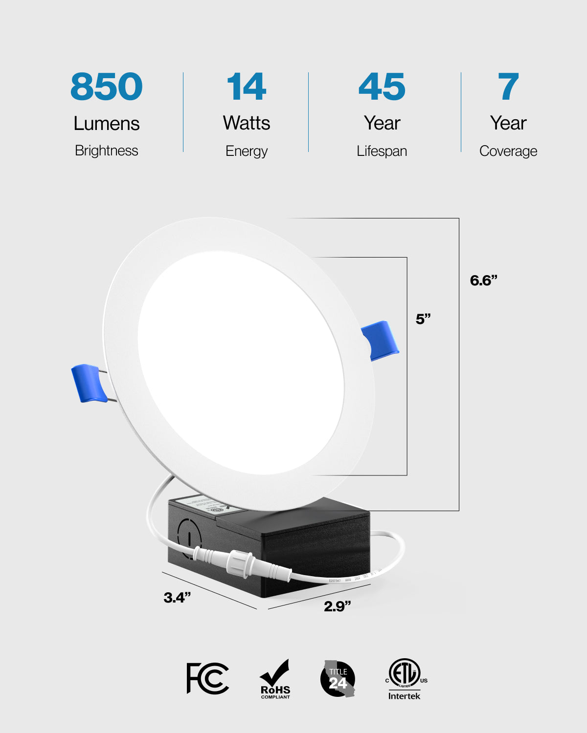 Recessed LED Lighting, 6 Inch, Slim, Wafer Thin, Smooth Trim, 850 Lumens