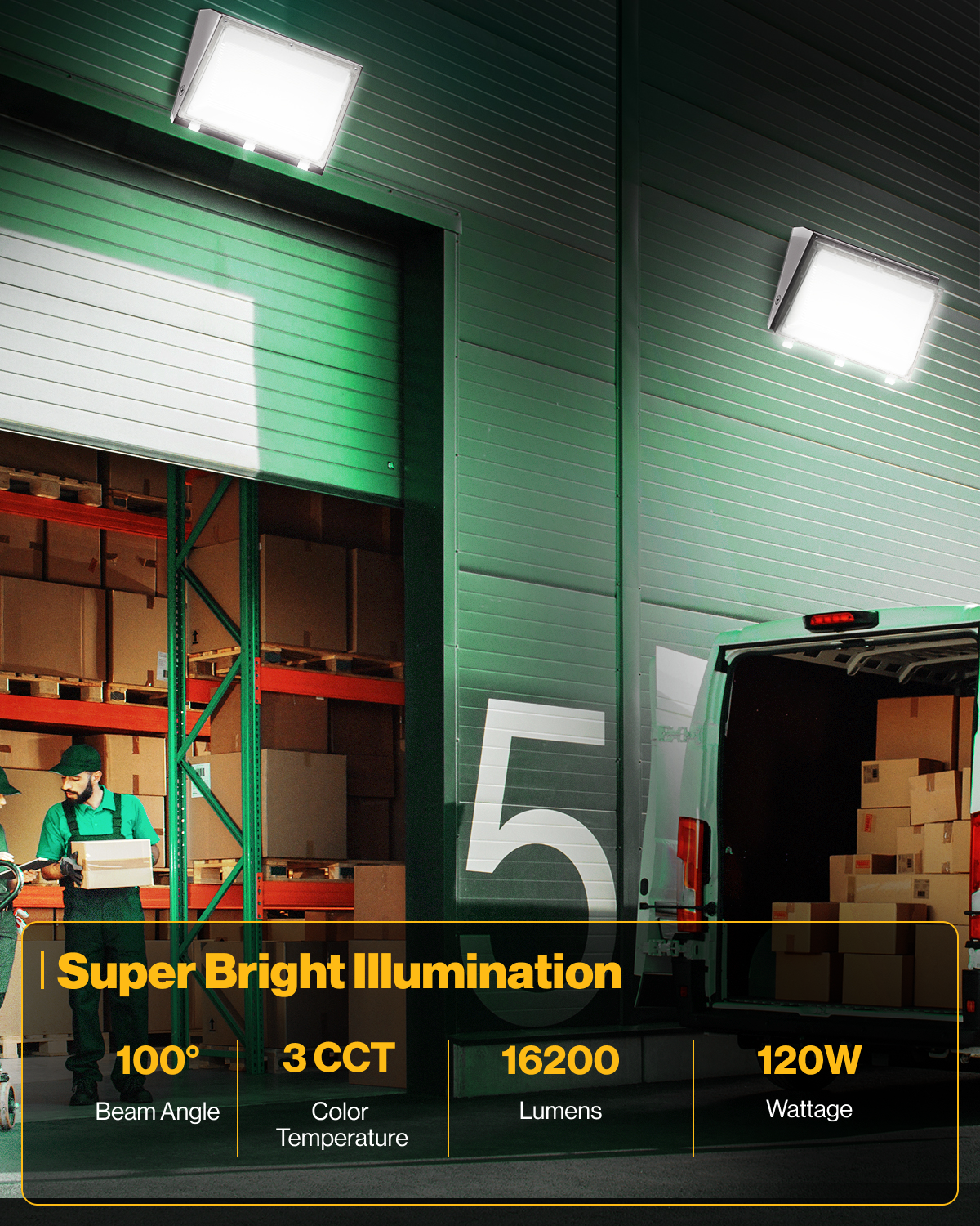 Super bright illumination with the following features: 100 degree beam angle, 5000K color temperature, 16,200 Lumens. 120W equivalent 720W.