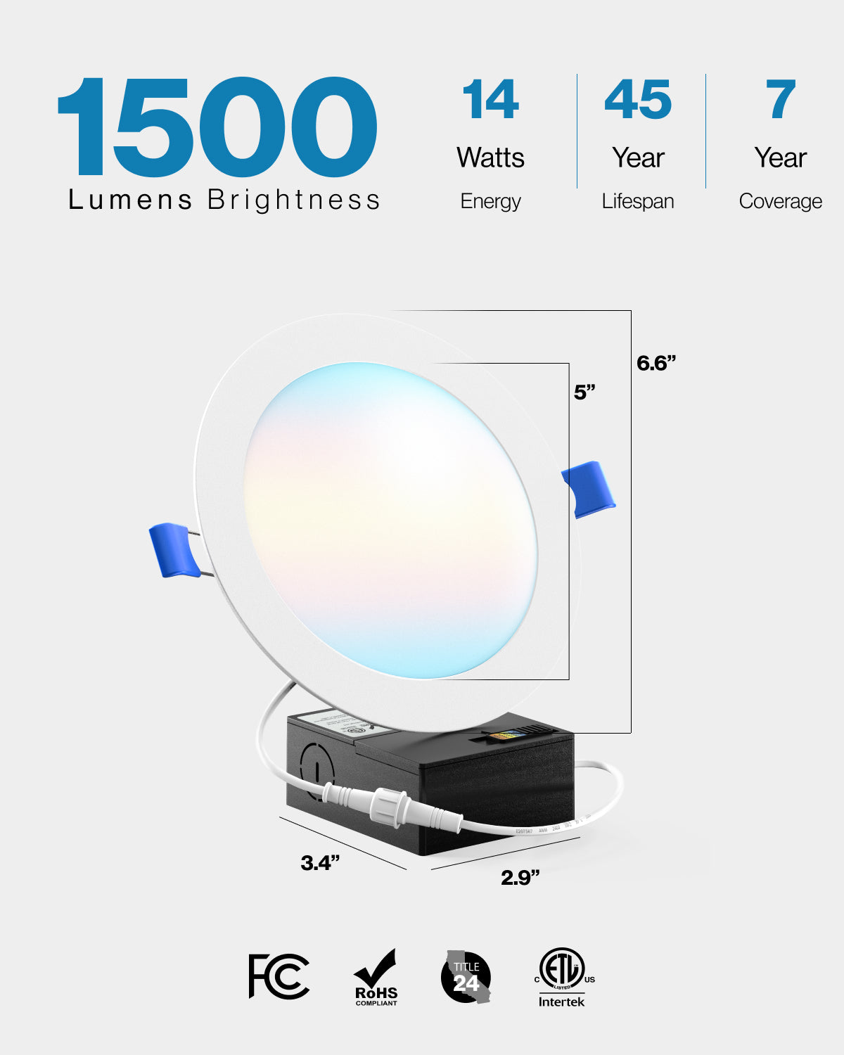 Recessed LED Lighting, 6 Inch, High Lumen Slim, Wafer Thin, Smooth Trim, Selectable CCT, 1500 Lumens