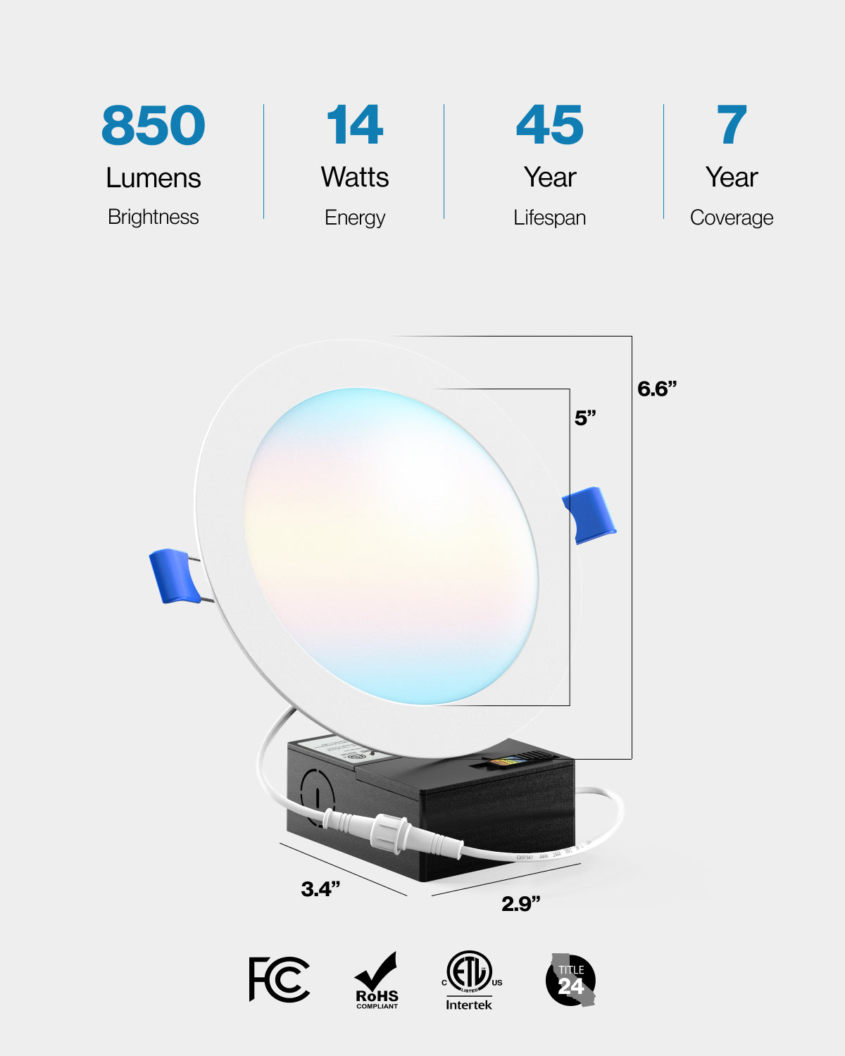 Recessed LED Lighting, 6 Inch, Slim, Selectable CCT, 850 Lumens