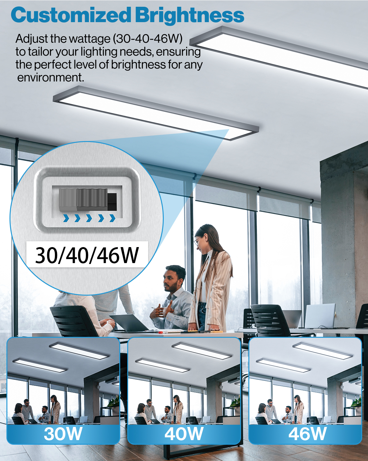 LED Ceiling Panel Light, Black, 46W/40W/30W, 1X4, Selectable Brightness & CCT, 5700 Lumens