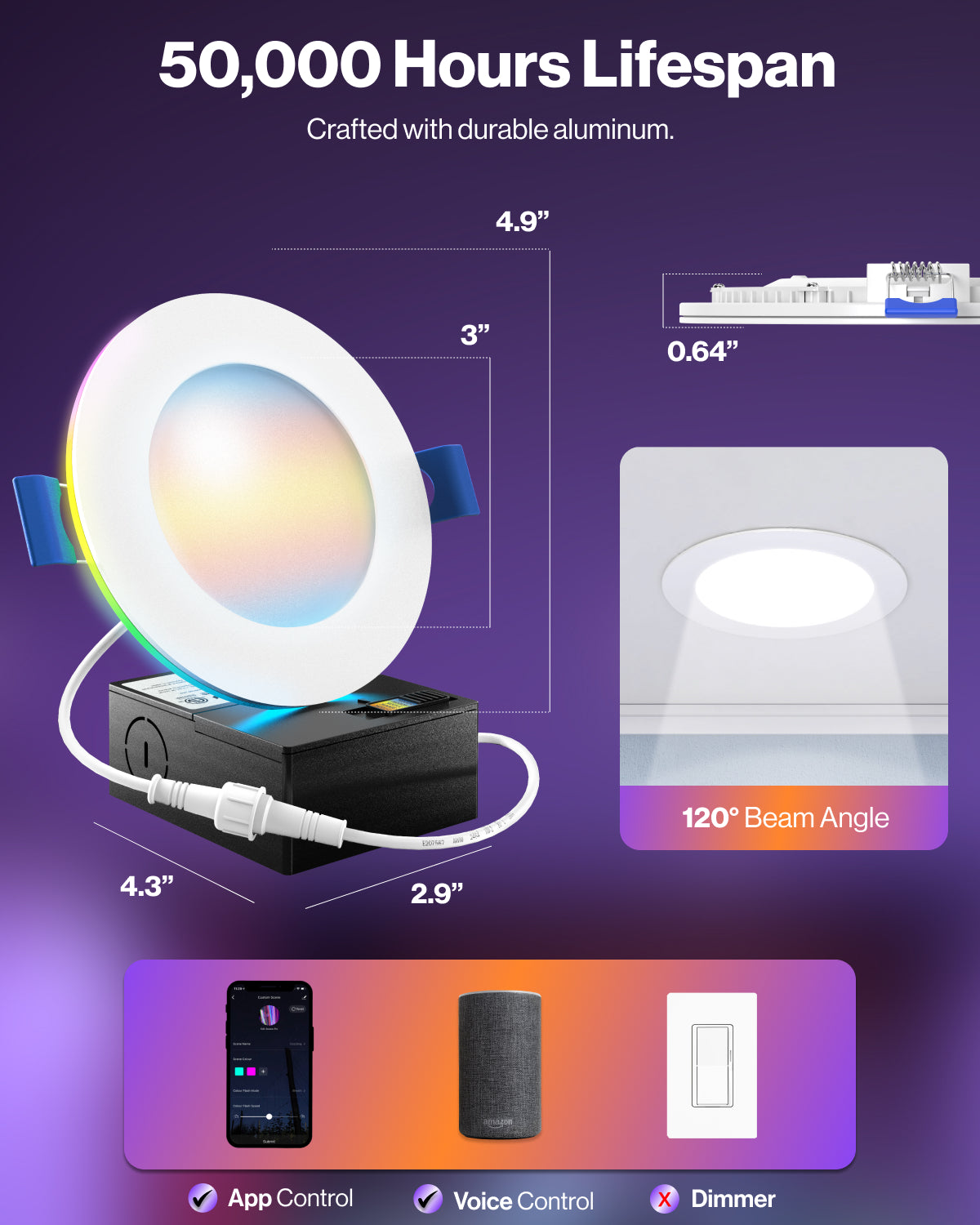 Recessed LED Lighting, 4 Inch, Smart Night Light Slim, Wafer Thin, Smooth Trim, Selectable CCT, 900 Lumens