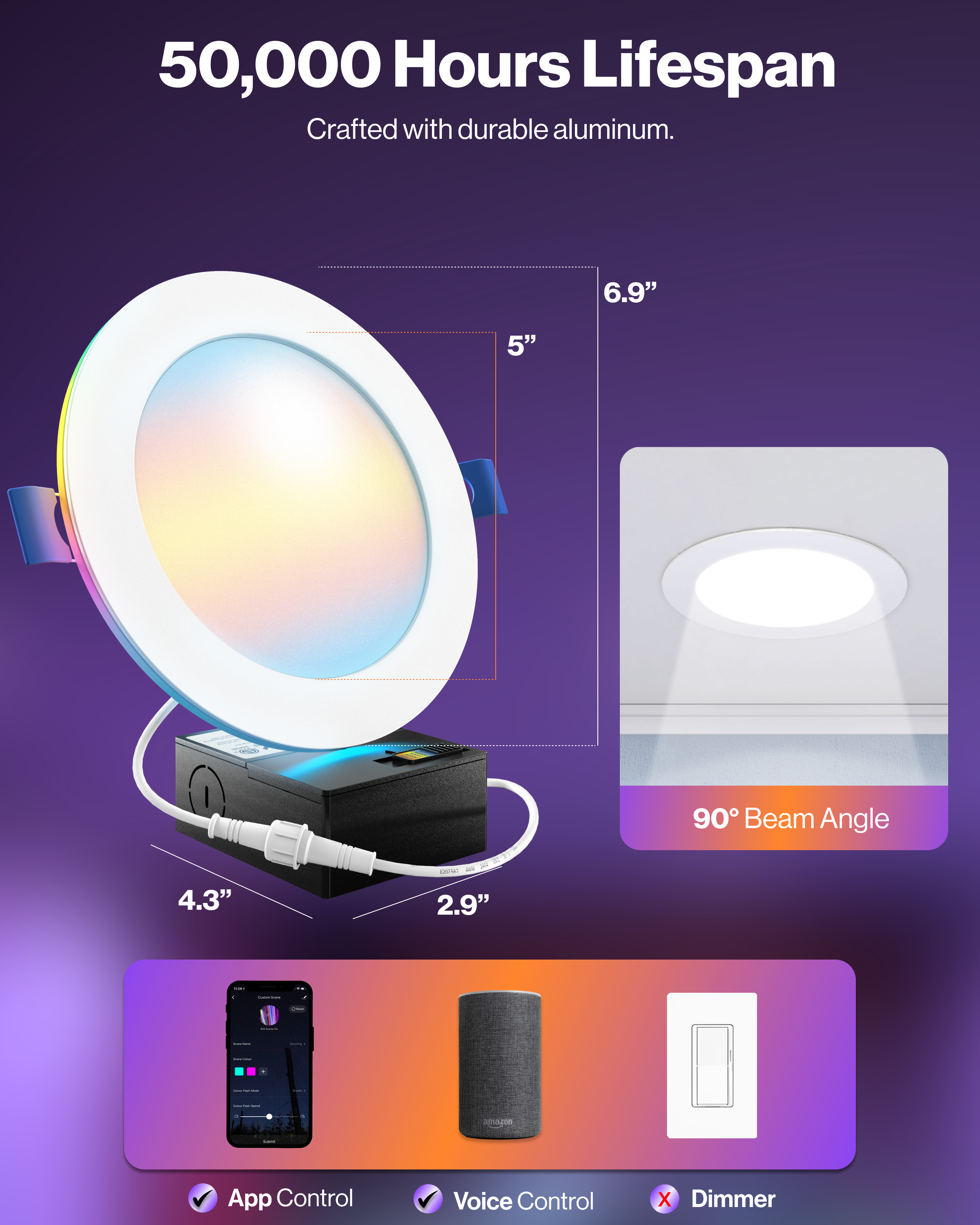 Recessed LED Lighting, 6 Inch, Smart Night Light Slim, Wafer Thin, Smooth Trim, Selectable CCT, 1100 Lumens