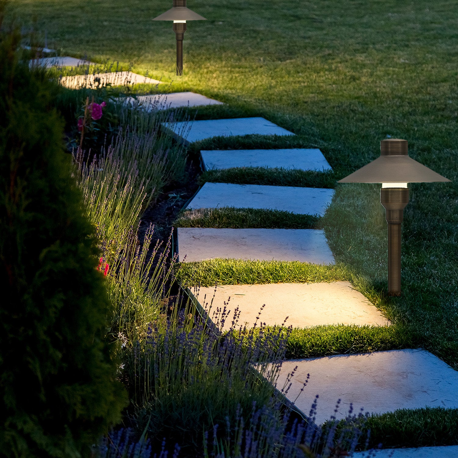 Brass Landscape Pathway Light, Smooth Small Hooded, Low Voltage, Plastic Spike Included
