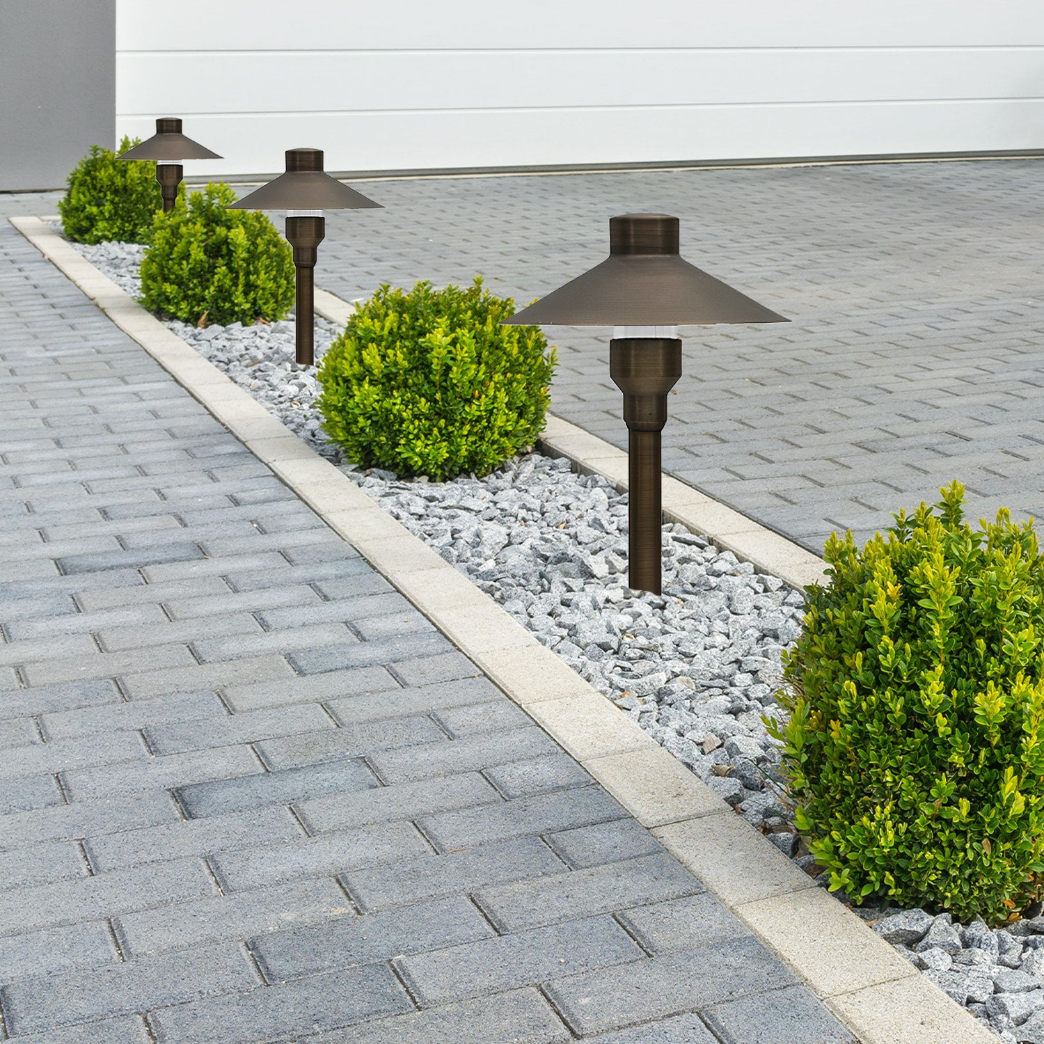 Brass Landscape Pathway Light, Smooth Small Hooded, Low Voltage, Plastic Spike Included