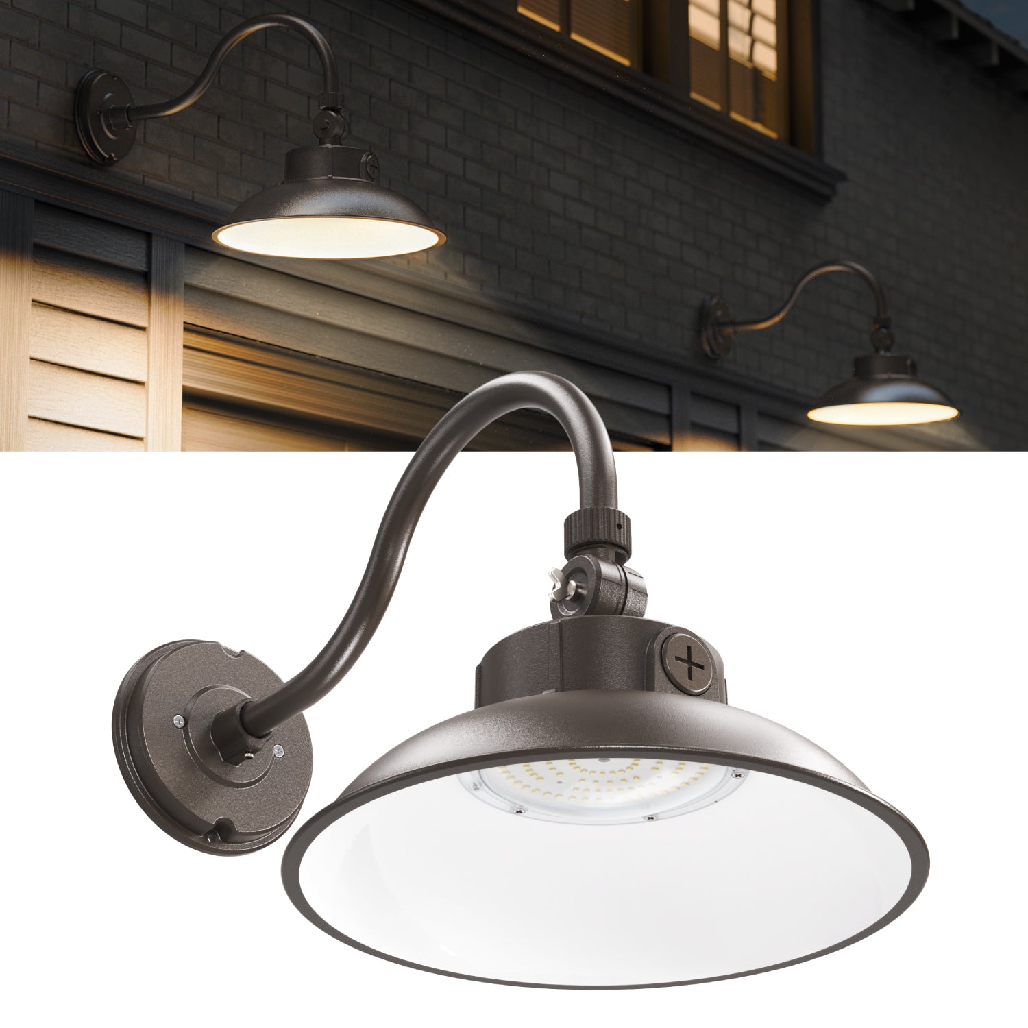 Add a touch of rustic charm and modern efficiency with the LED Dusk to Dawn Gooseneck Barn Light.