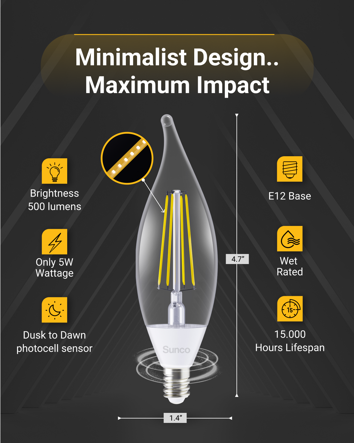 CA11 LED Candelabra Bulb, Dusk to Dawn Photocell, Filament, 500 Lumens