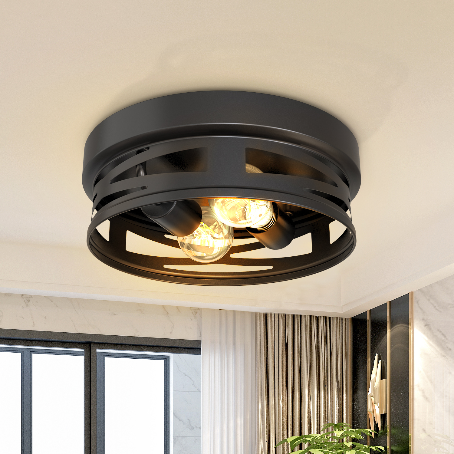 Create a timeless and sleek statement on your ceiling with this matte black 12” diameter ceiling light. Install it in any entryway, hallway, kitchen, living room, or modern office.