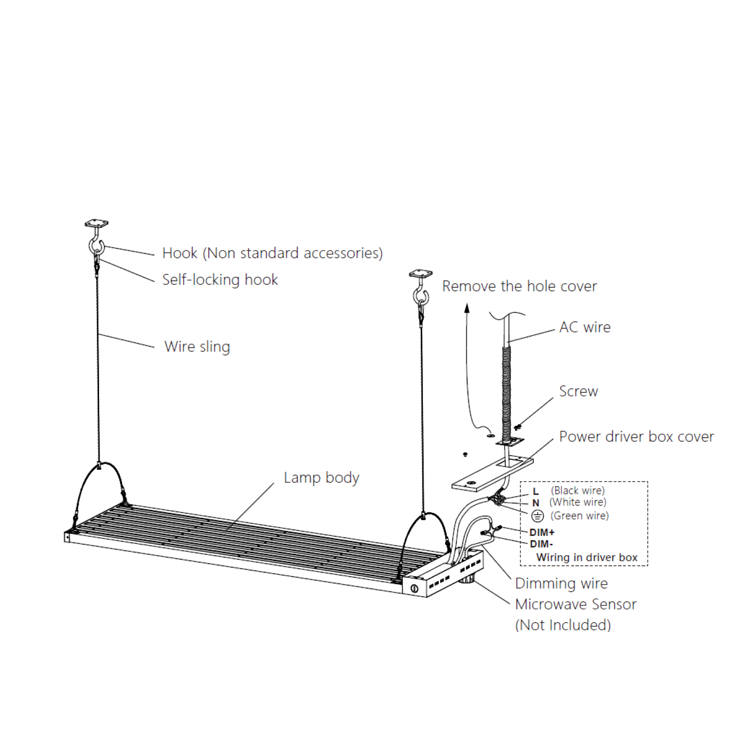 LED Linear High Bay, 2ft, 160W/128W/96W, Selectable Wattage & CCT, 24000 Lumens