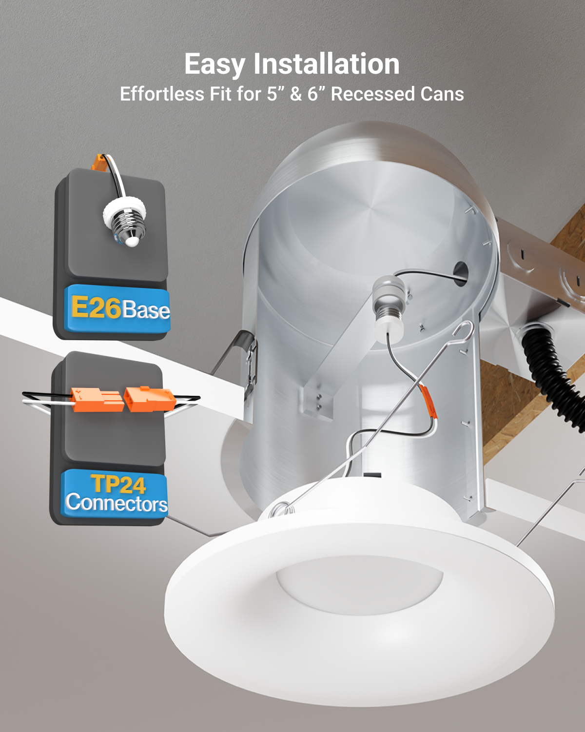 Curved Cone recessed downlight utilizes E2 Base and TP24 connectors for easy installation in 5" and 6" cans.