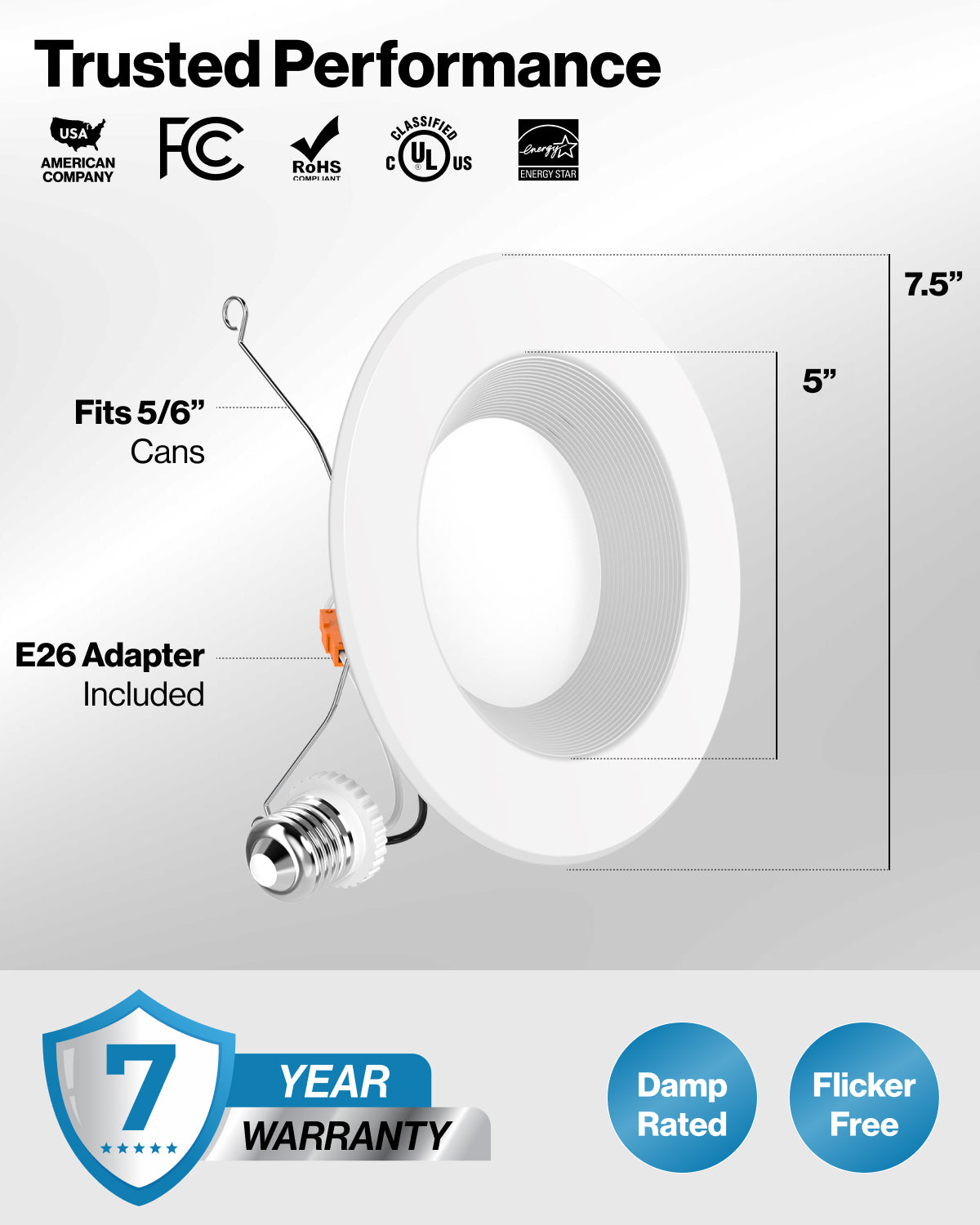 Recessed LED Retrofit Lighting, 5/6 Inch, Baffle, Selectable CCT, 965 Lumens
