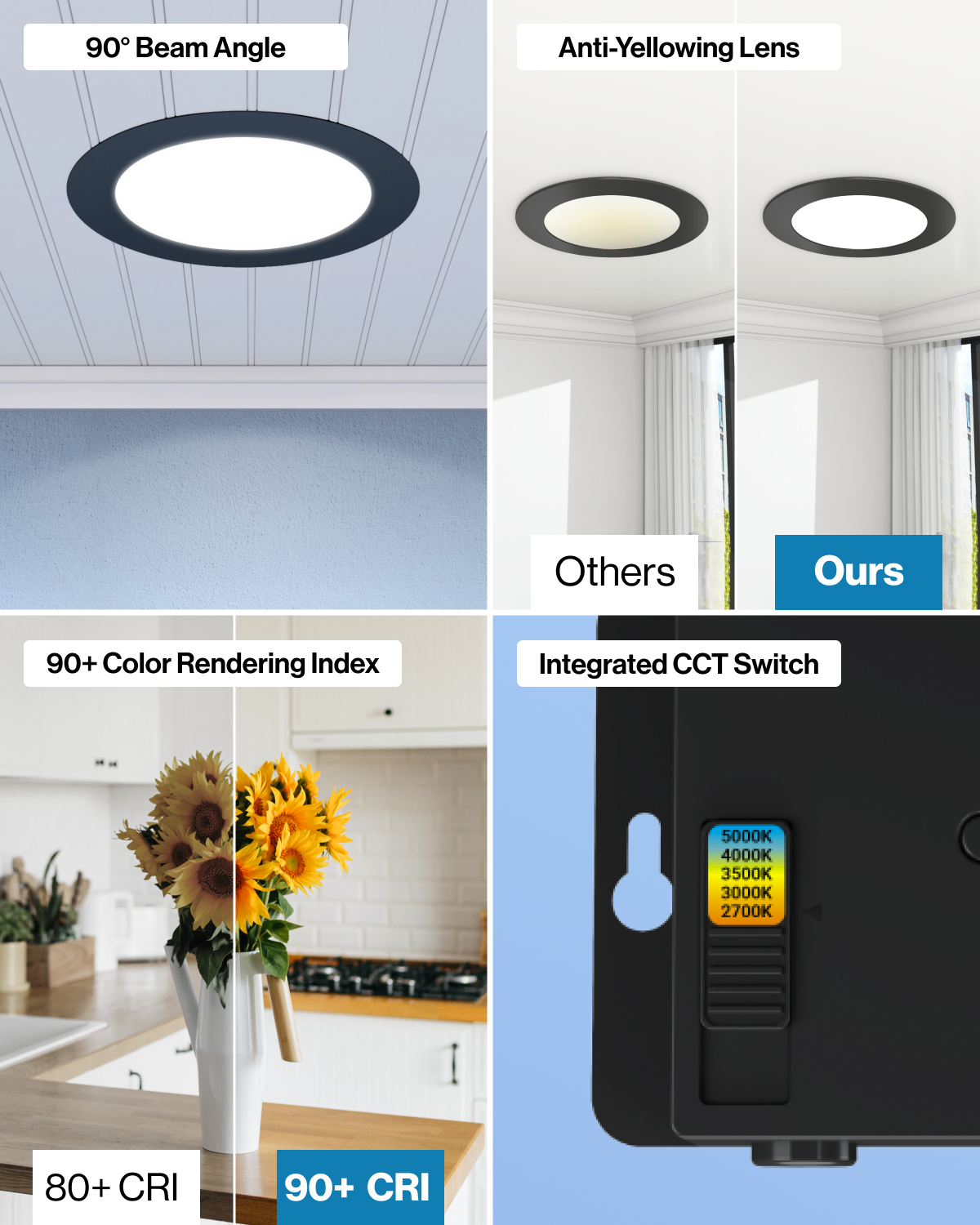 Sunco Lighting Selectable Black Trim Downlight Anti-Yellowing Lens, 90+ CRI, 90° Beam Angle, Integrated CCT Switch