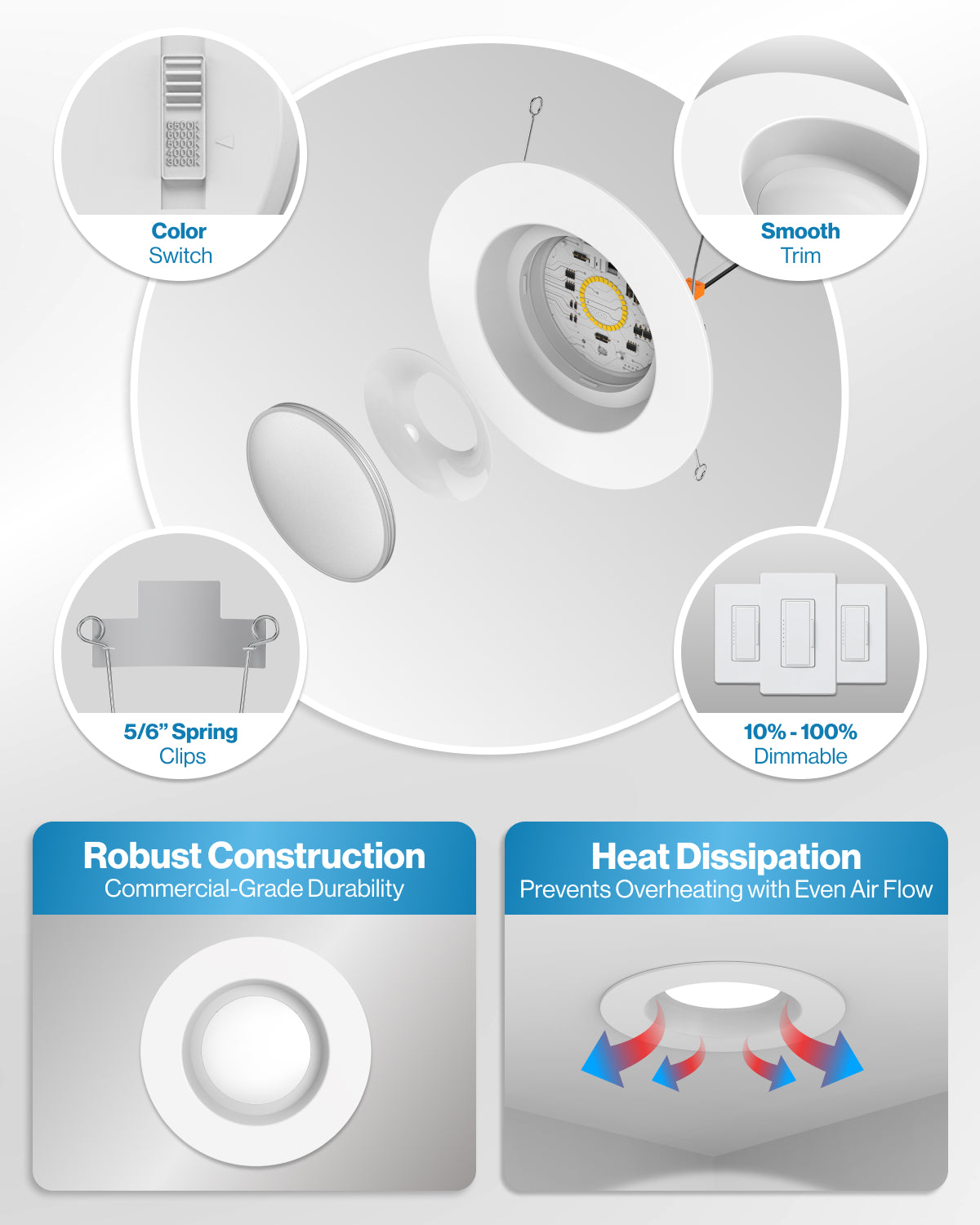 Recessed LED Retrofit Lighting, 5/6 Inch, Smooth, Selectable CCT, 965 Lumens