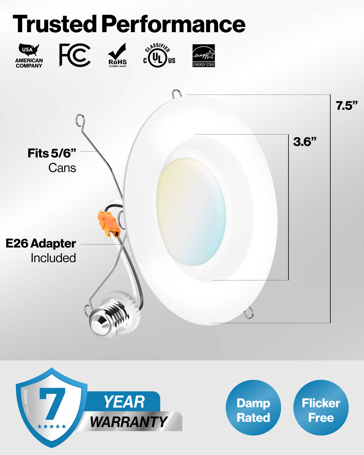 Recessed LED Retrofit Lighting, 5/6 Inch, Smooth, Selectable CCT, 965 Lumens