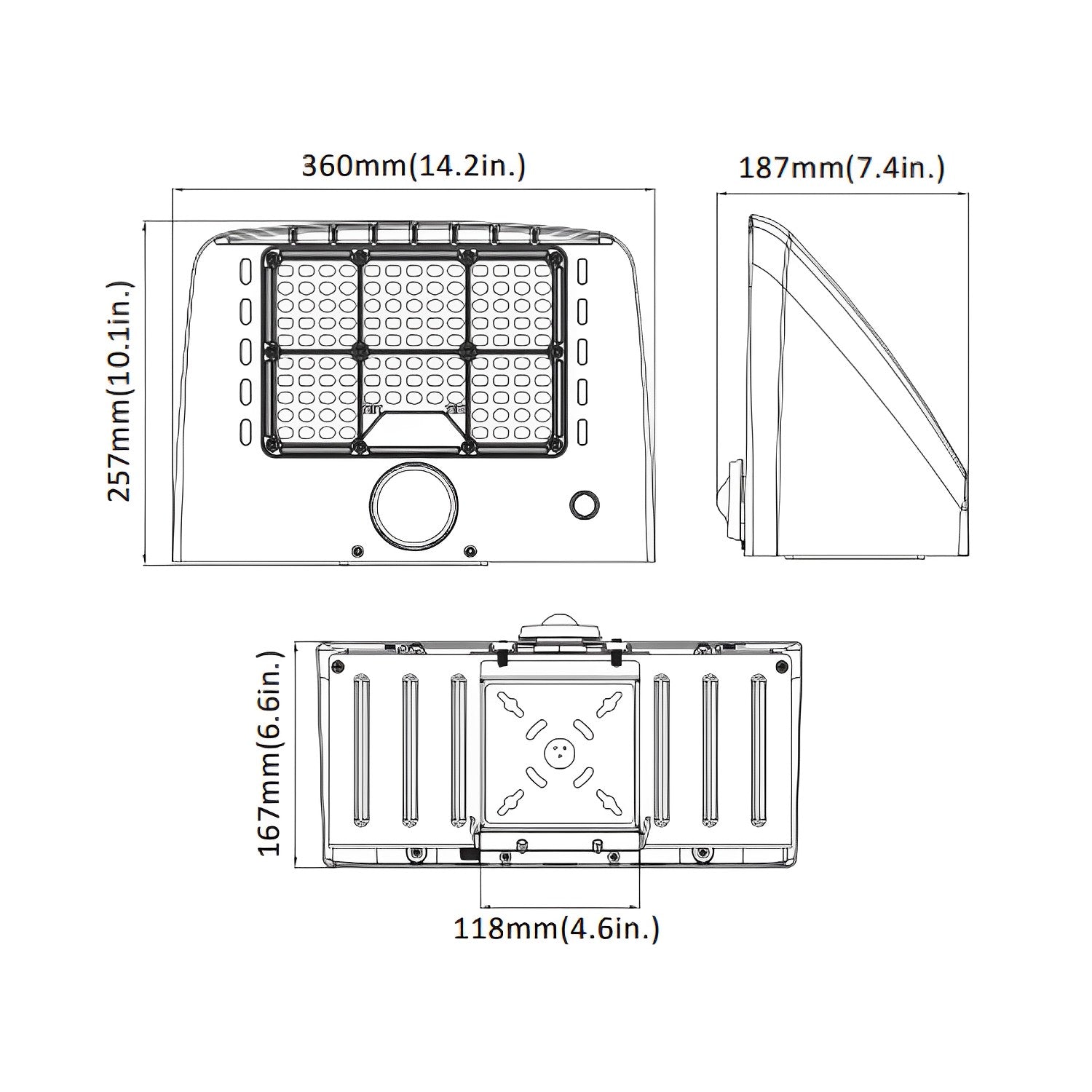 Dimension of large led cutoff wall pack or exterior wall pack light
