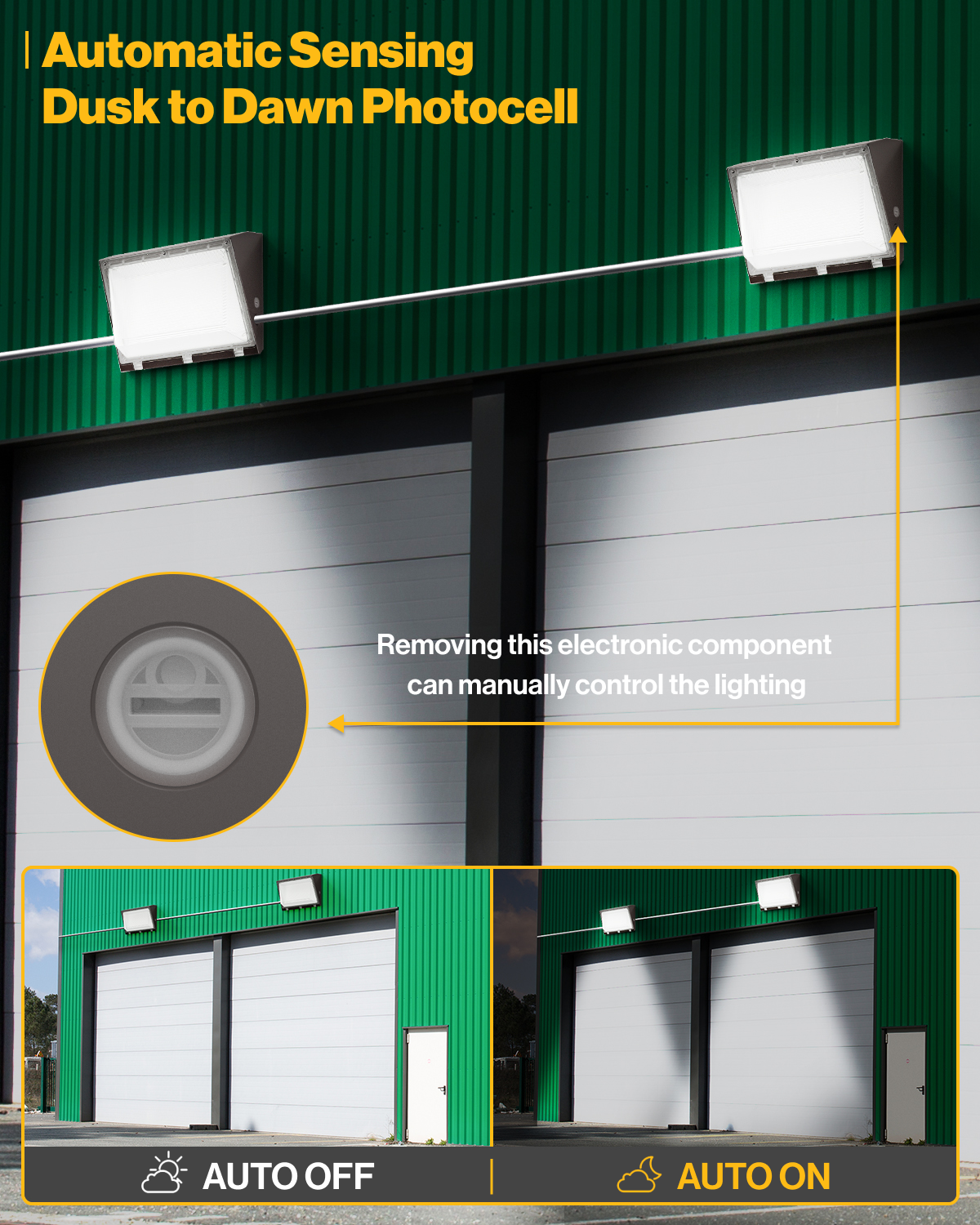 The built-in photocell sensor detects light levels and automatically turns off after sunset.
