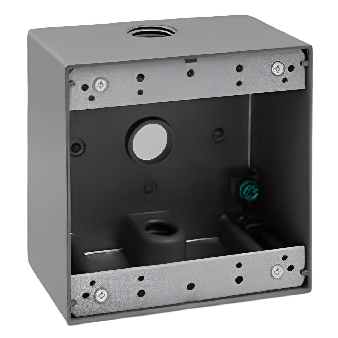 Metal box with multiple holes and mounting hardware on a white background