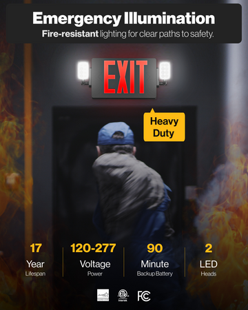 The exit sign features tall, 6” red letters with a 3/4" stroke so the letters are visible from up to 100 feet away. Also includes knockouts for use as directional arrows.