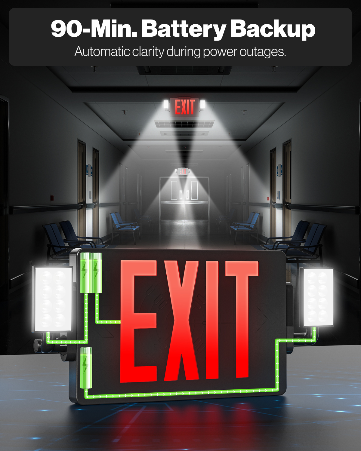 In case of a power outage, the included backup battery automatically illuminates the fixture and lights the way to safety for 90 minutes.