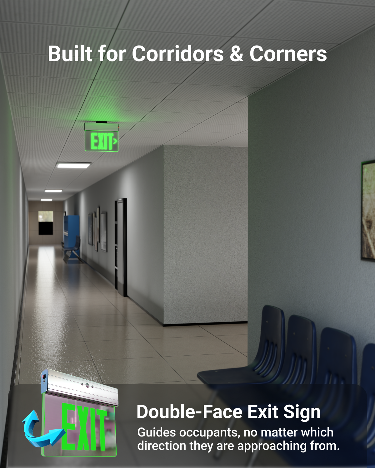 The exit sign enhances safety and guides occupants to exits during emergencies.