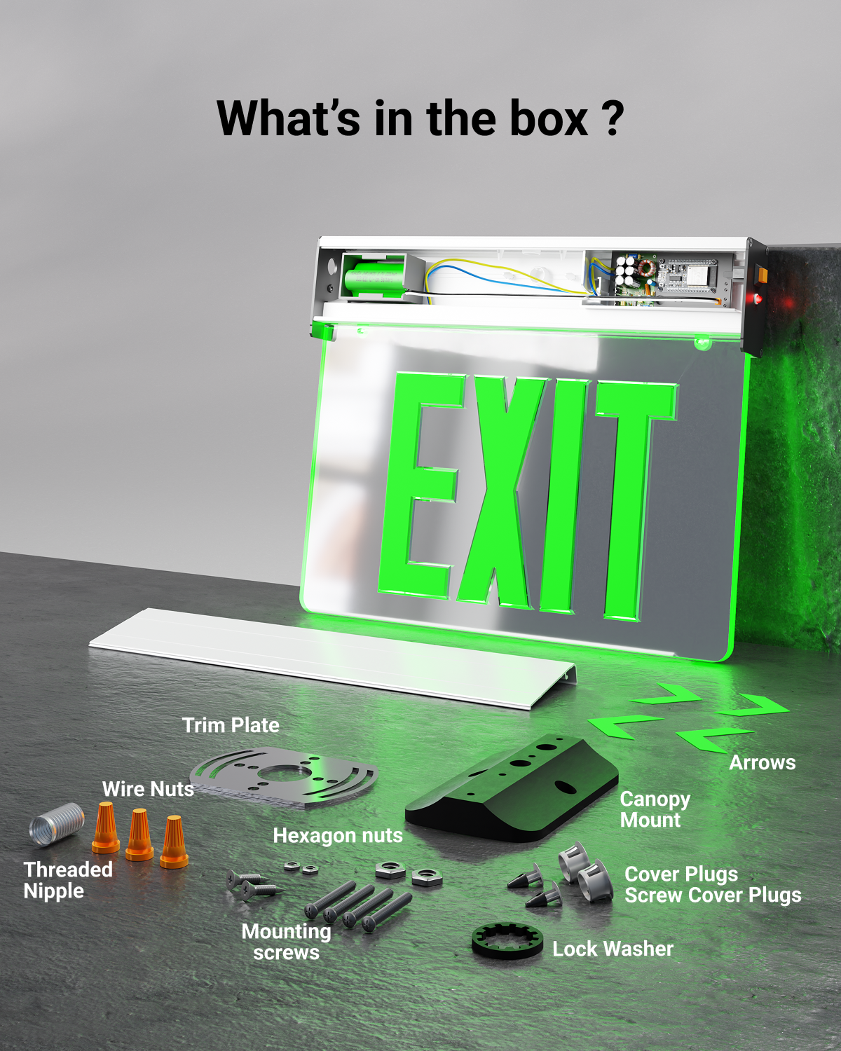 Easily install the exit sign with the provided accessories and components.