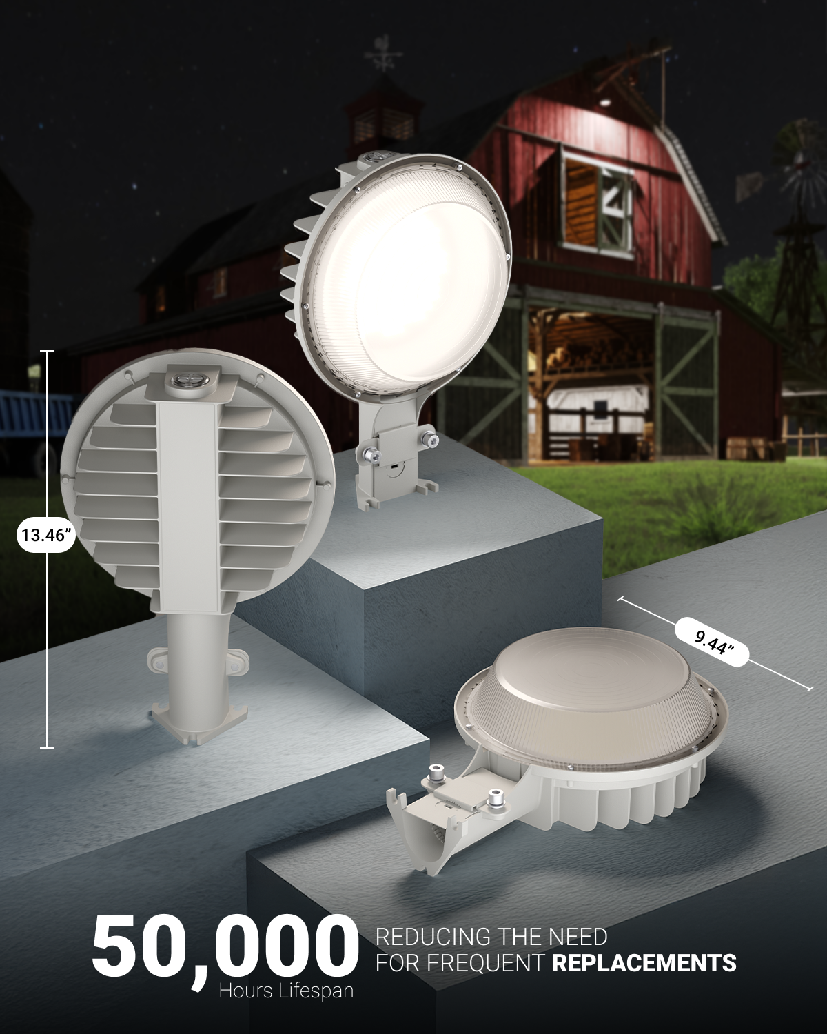 Boasting an impressive output of 50,000 hours, this barn light delivers bright, clear, and natural-looking light that enhances visibility and safety in general areas, entryways, pathways, yards, and loading docks.