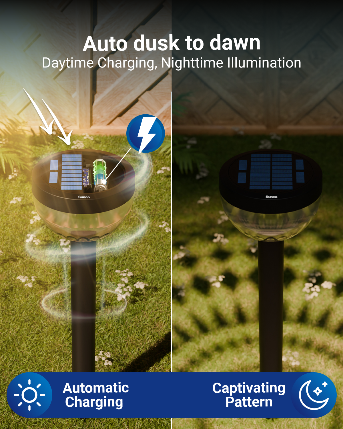 Solar Garden LED Path Lights, Round, Bloom, Dusk to Dawn Photocell