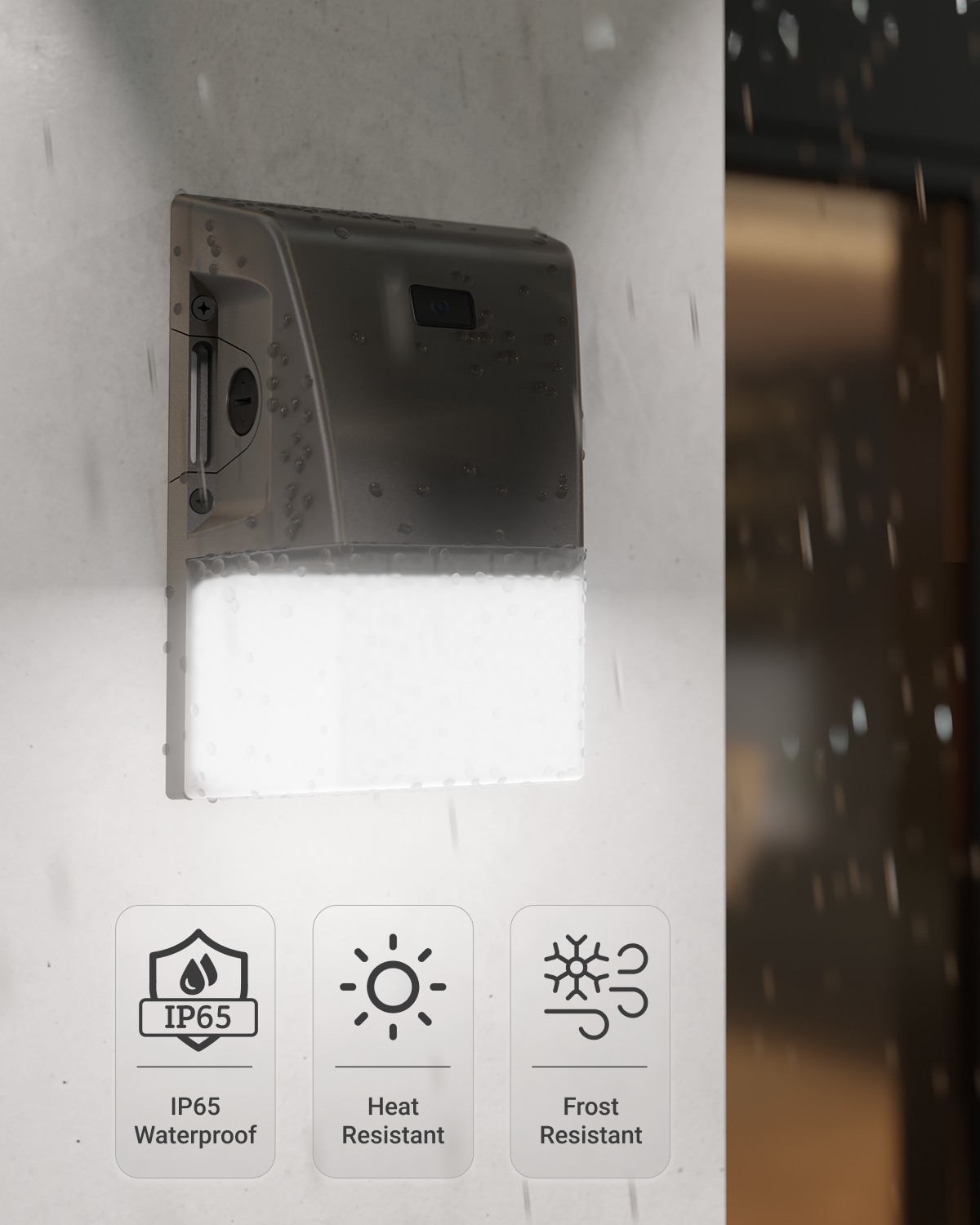 Mini wall pack is heat resistant, and IP65 rated for weather proofing.