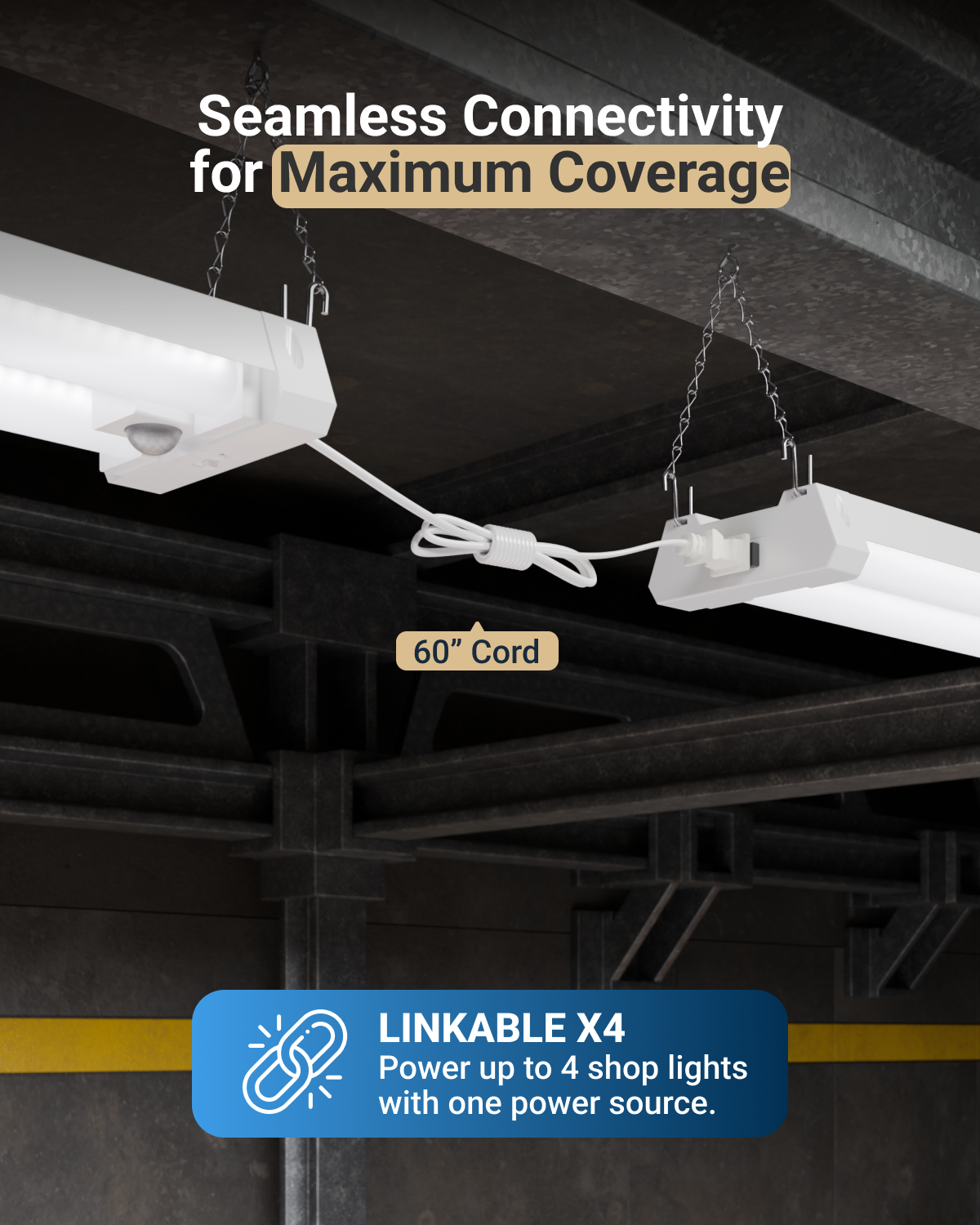 LED Shop Light, 4ft, Motion Activated, Frosted, 40W, 4300 Lumens