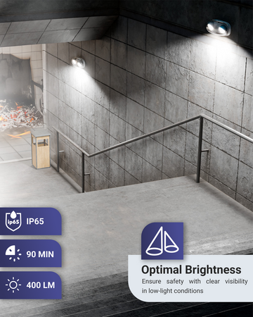 Easily secure this bright emergency light fixture with its slim profile to the outside wall.