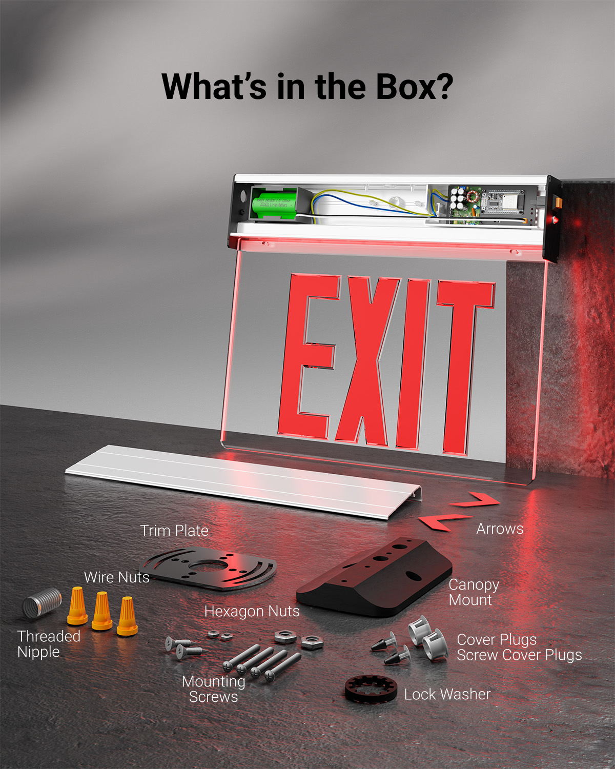 Easily install the exit sign with the provided accessories and components.