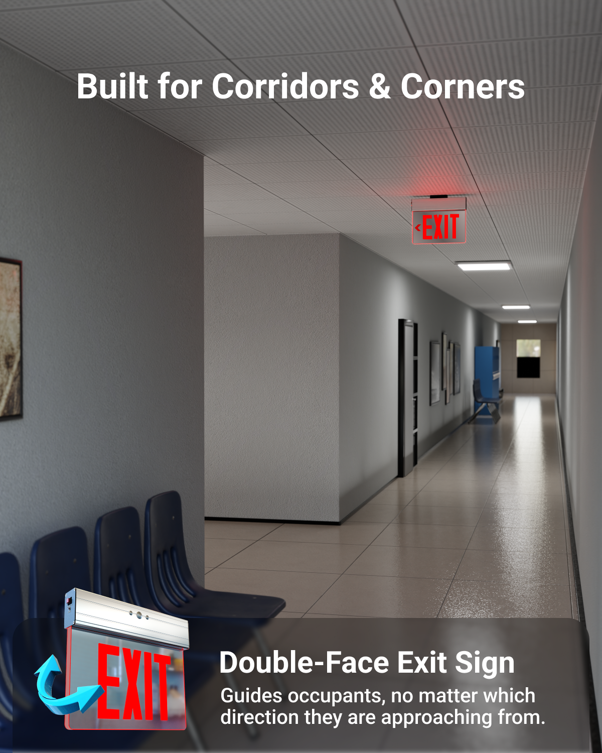 The exit sign enhances safety and guides occupants to exits during emergencies.