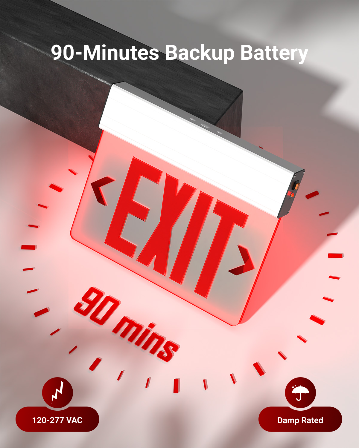 In case of a power outage, the backup battery automatically illuminates (90 minutes) the fixture and light the way to safety.
