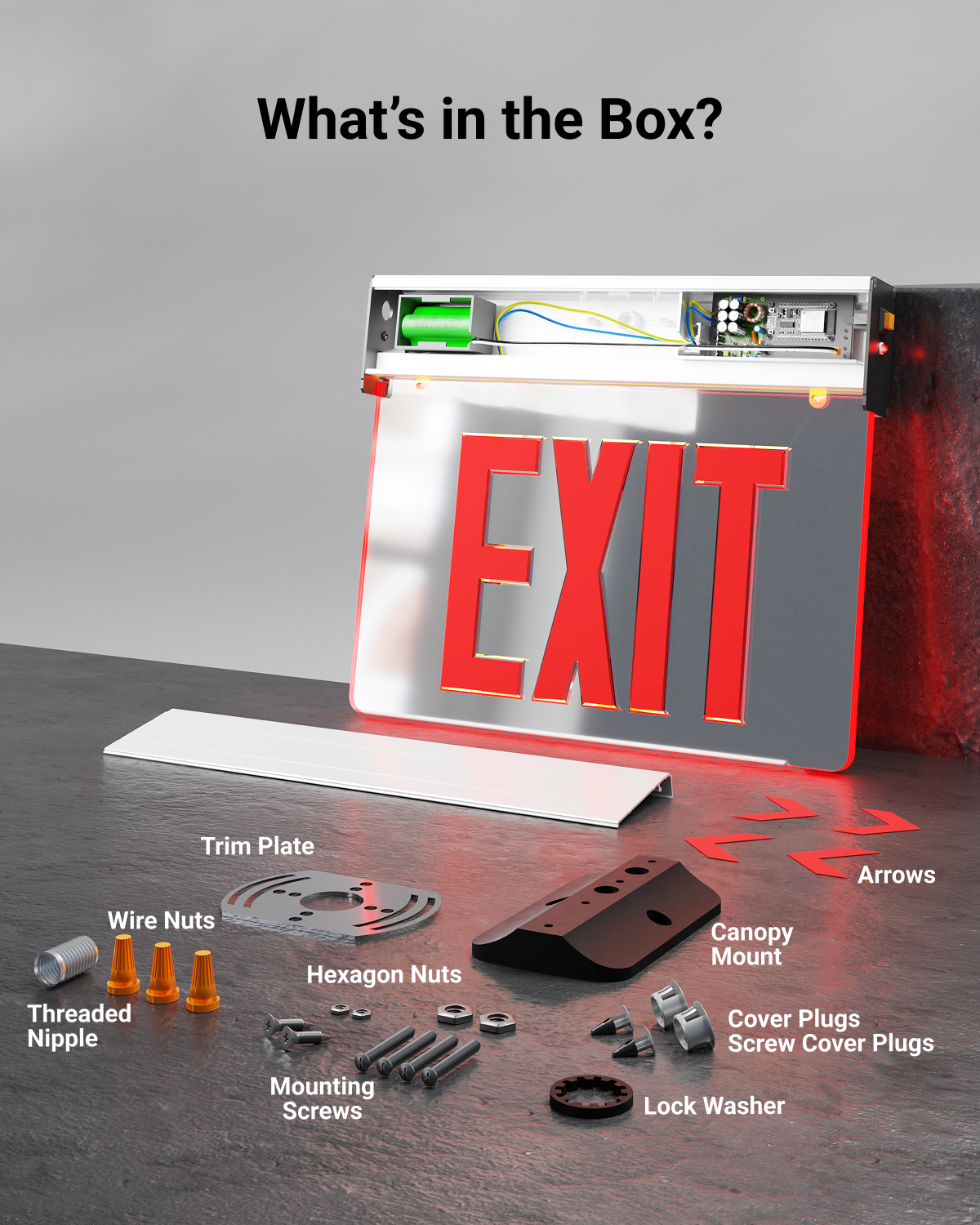 Easily install the exit sign with the provided accessories and components.