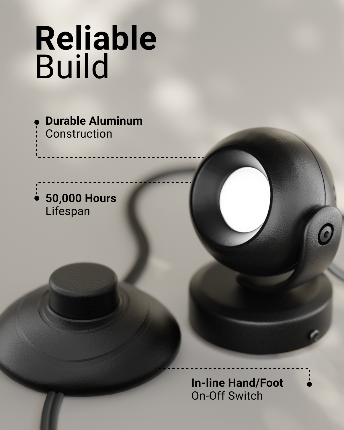 Black lamp with text highlighting durable aluminum construction, 50,000-hour lifespan, and in-line hand/foot on-off switch.