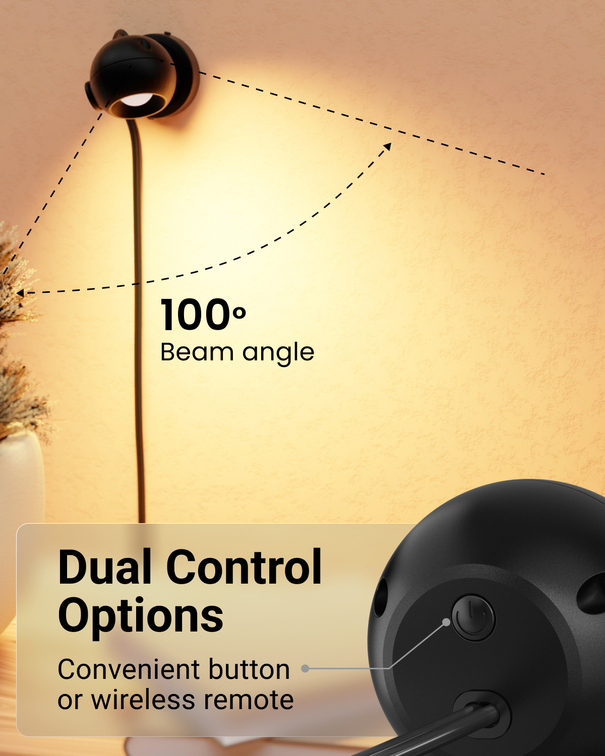 Light fixture with beam angle and control options labeled on a warm background