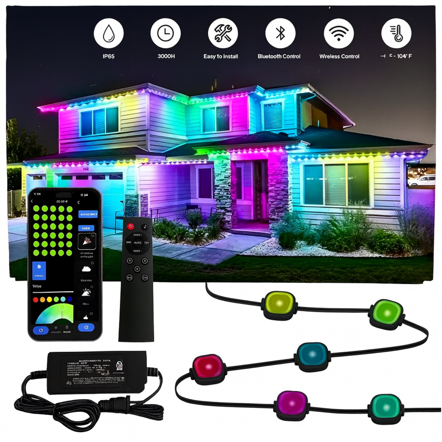 Permanent LED RGBW Outdoor Light, 100ft, Linkable, Bluetooth & Wi-Fi Compatible, 3100 Lumens