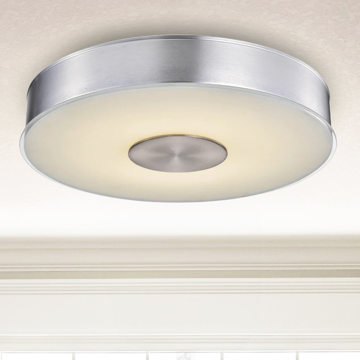 Round LED Brushed Aluminum Ceiling Light, Fusion, Surface Mount, 120-277V, 2600 Lumens