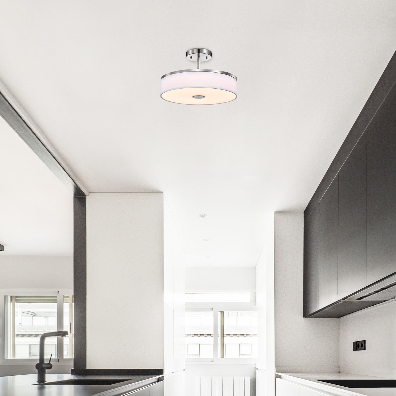 Round LED Satin Nickel Ceiling Light, Sundecor, Semi-Flush Mount, Selectable CCT