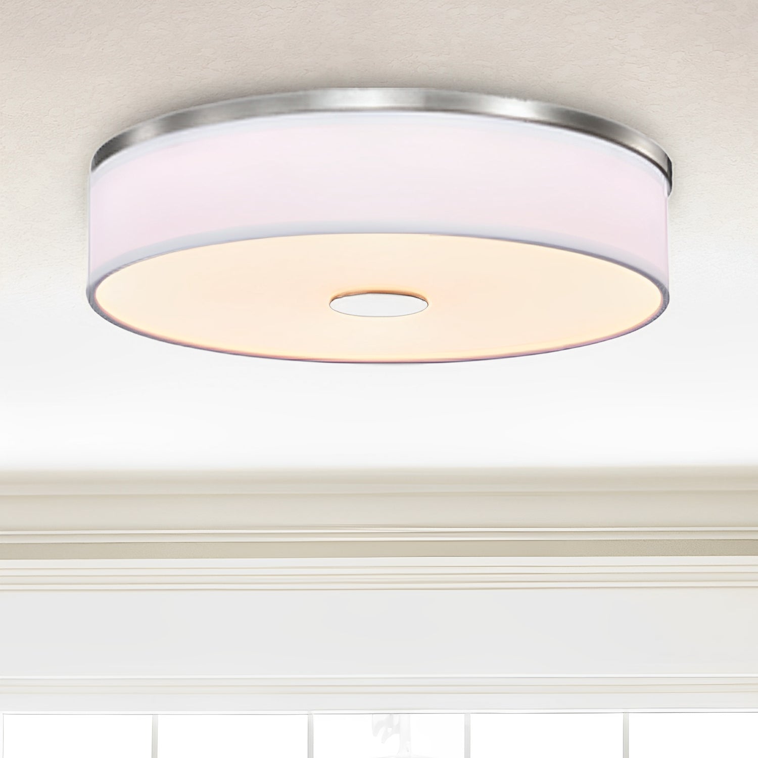 Round LED Satin Nickel Ceiling Light, Sundecor, Surface Mount, Selectable CCT