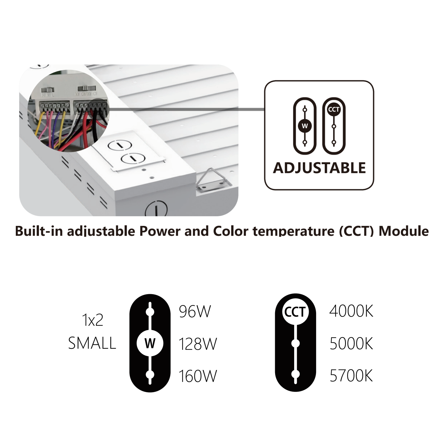 LED Linear High Bay, 2ft, 160W/128W/96W, Selectable Wattage & CCT, 24000 Lumens