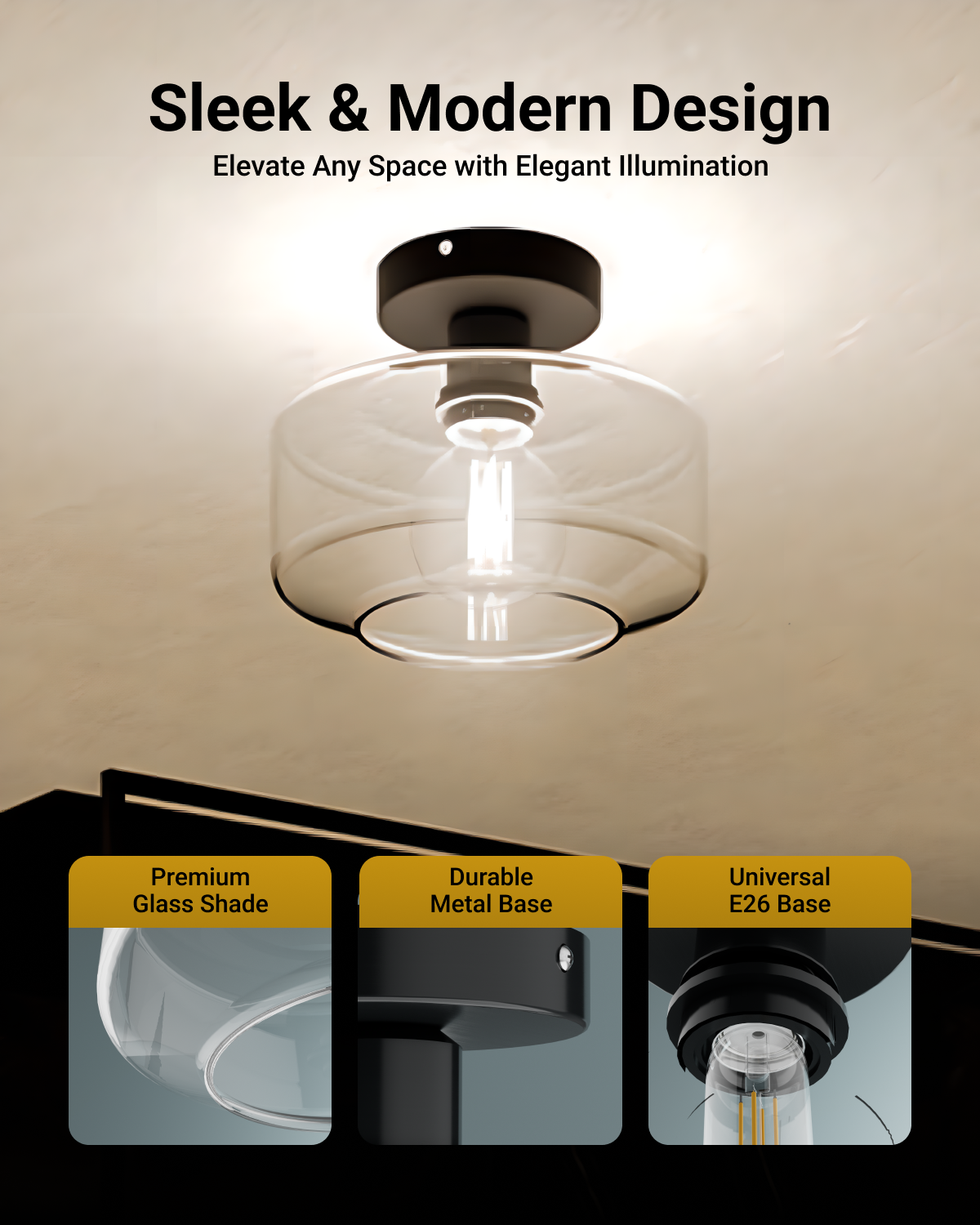 The Semi-Flush Farmhouse Ceiling Light features a premium glass shade, durable metal base, and a universal E26 base.