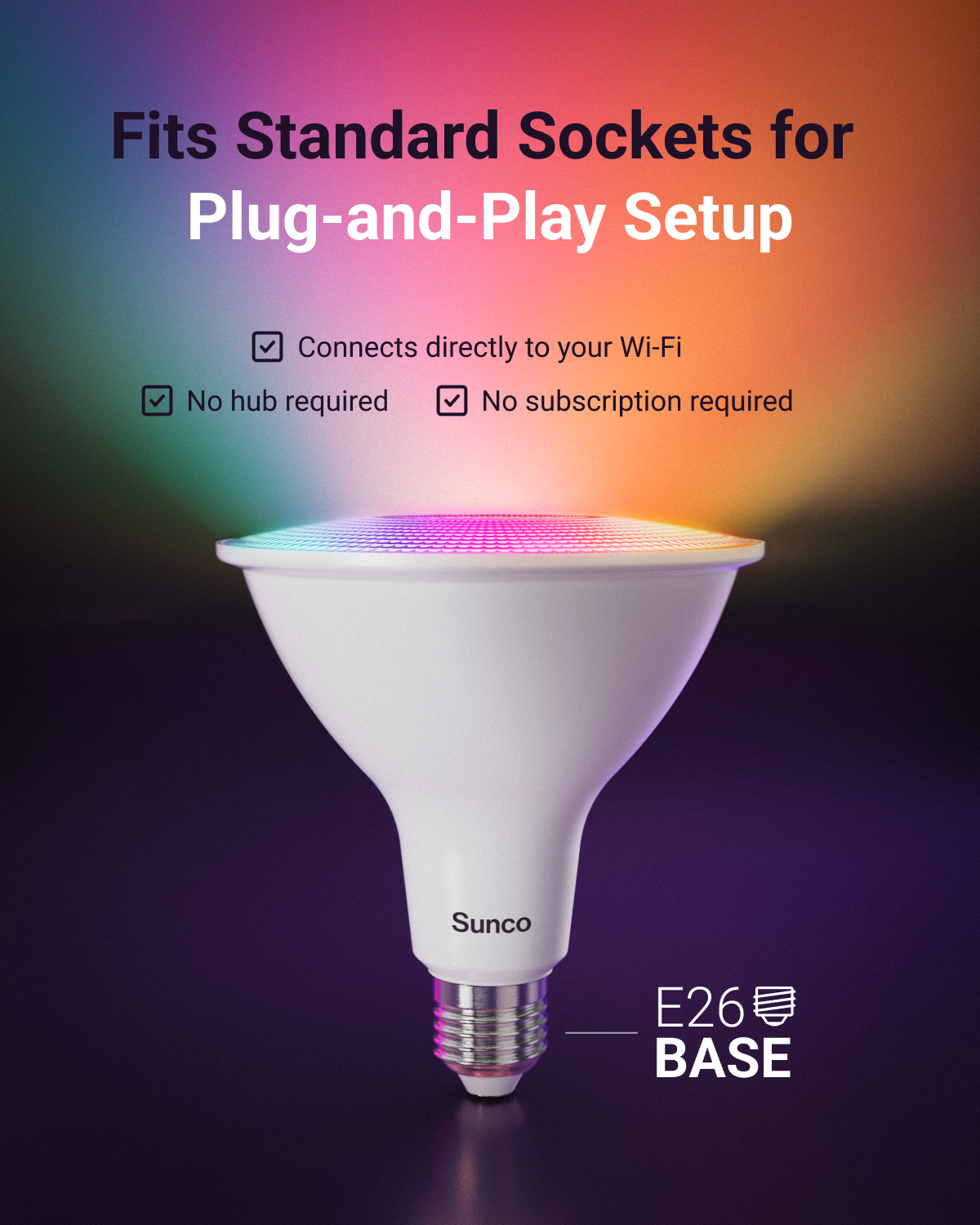 Custom White Light. Whether you light Soft White or Daylight color temperatures, to change from warm to cool white light, Sunco’s smart bulbs have you covered. With PAR38 LED Smart Bulb’s tunable white options you can select the warm or cool tone that best suits how you use a multipurpose room throughout the day. Image shows the app on a smart phone, a living room with warm, welcoming light and an work from home office with cooler, task lighting in a higher color temperature selected.