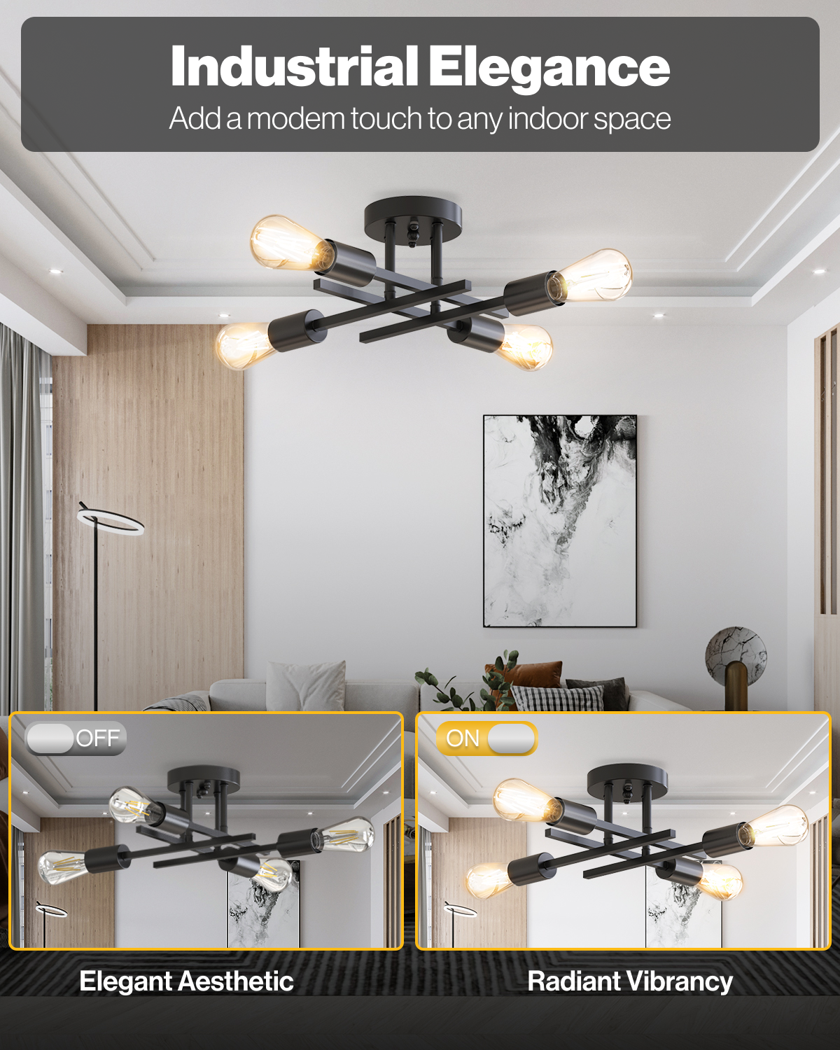 Sputnik Industrial Ceiling Light with ST64 Filament Bulbs, 3200 Lumens