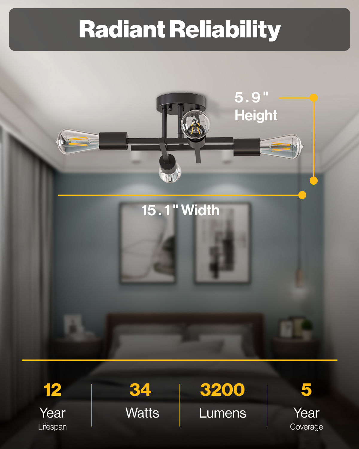 Sputnik Industrial Ceiling Light with ST64 Filament Bulbs, 3200 Lumens
